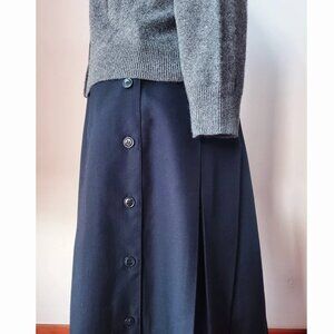 90's Talbots Preppy Navy Blue Side Button Pleated Linen Midi Skirt 14
